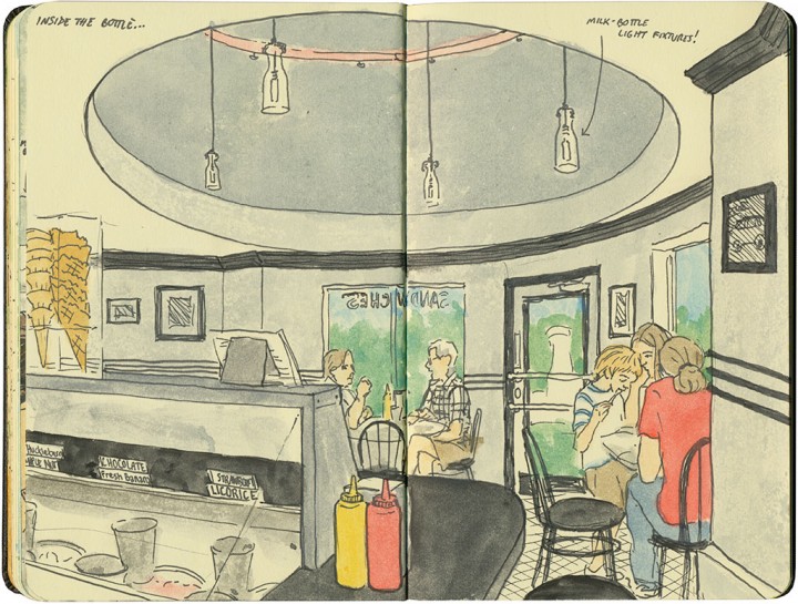 Milk bottle cafe sketch by Chandler O'Leary