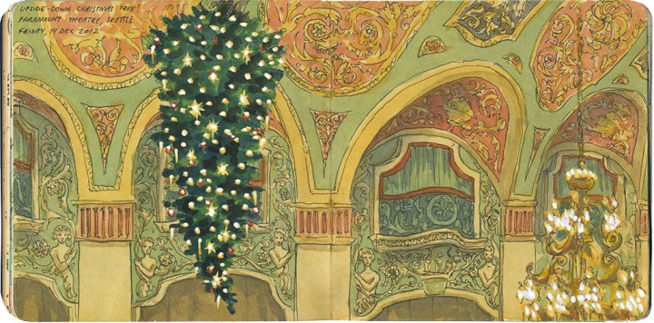 Upside-down Christmas at Seattle's Paramount Theater: sketch by Chandler O'Leary