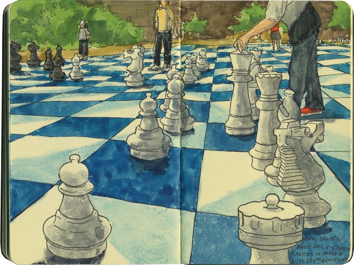 Montreal outdoor chess sketch by Chandler O'Leary
