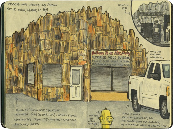 Petrified Wood gas station sketch by Chandler O'Leary