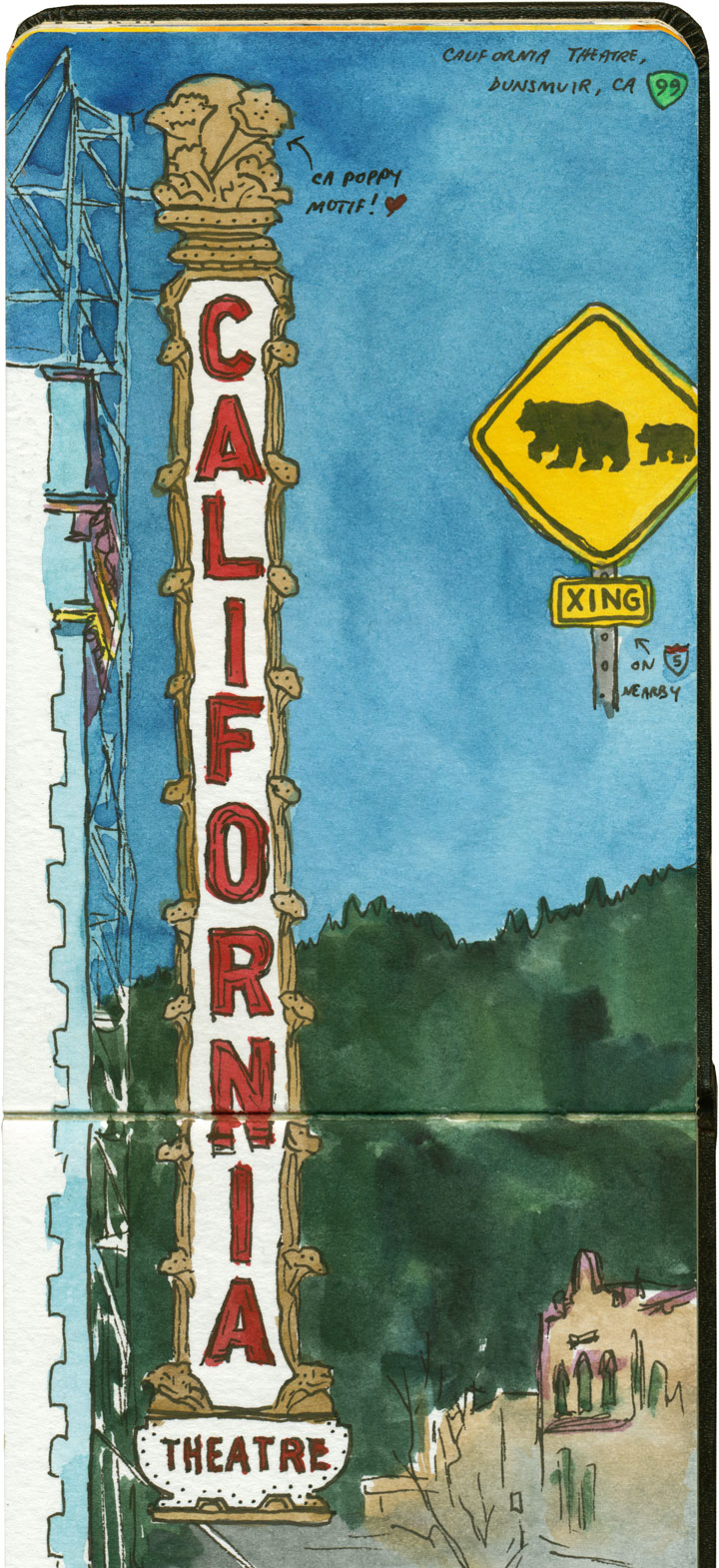 California Theatre sign sketch by Chandler O'Leary