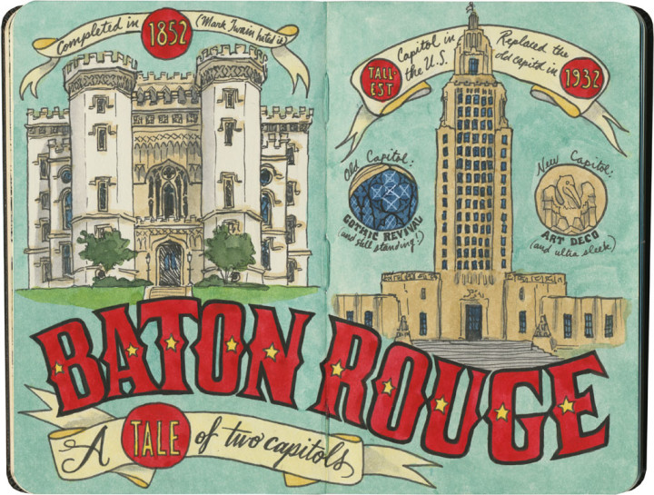 Baton Rouge old and new capitols sketch by Chandler O'Leary