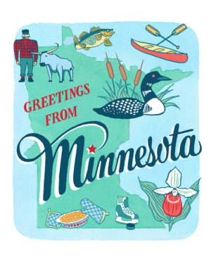 Minnesota card from the 50 States series illustrated and hand-lettered by Chandler O'Leary