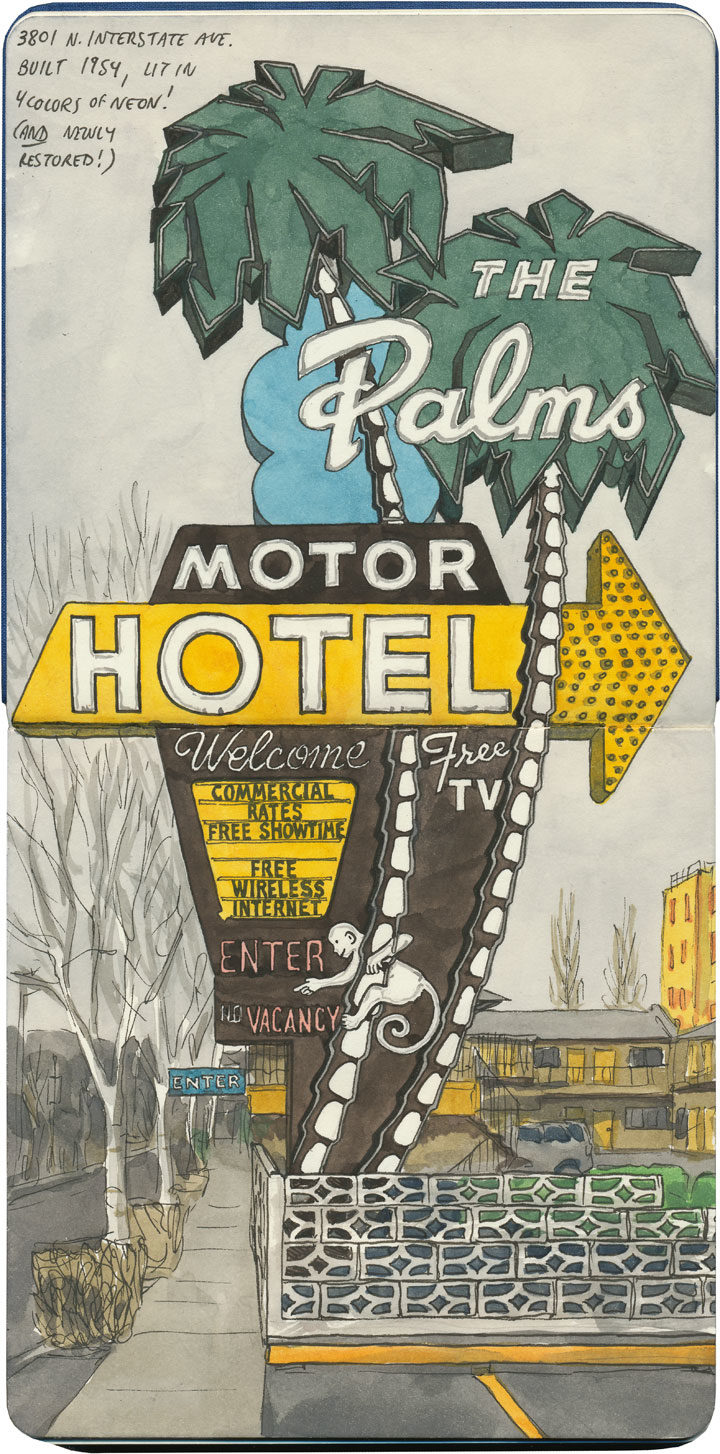 Palms Motel sketch by Chandler O'Leary