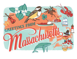 Massachusetts card from the 50 States series illustrated and hand-lettered by Chandler O'Leary