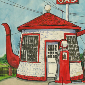 Teapot Gas Station sketchbook print by Chandler O'Leary