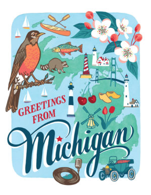 Michigan card from the 50 States series illustrated and hand-lettered by Chandler O'Leary