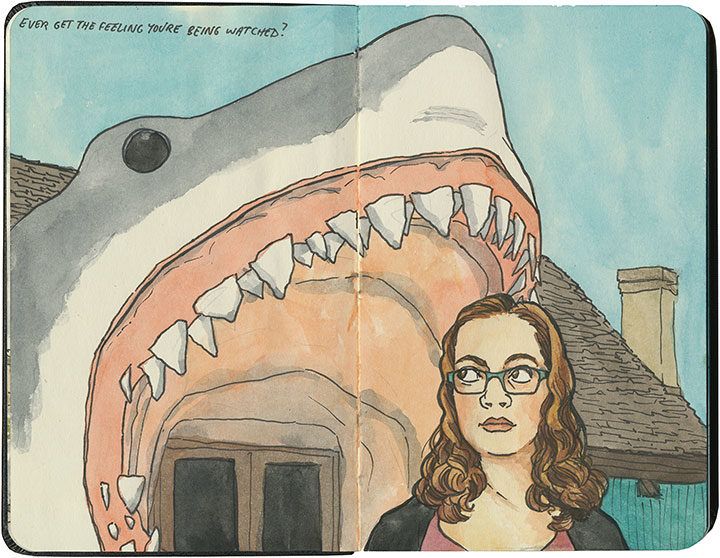 Shark selfie sketchbook illustration by Chandler O'Leary