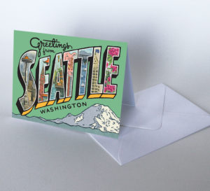 Greetings from Seattle card illustrated and hand-lettered by Chandler O'Leary